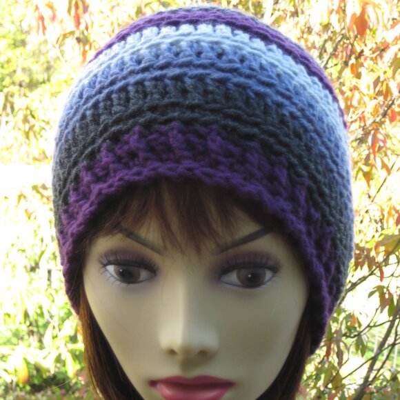 Plum Gray Stripe Hand Knit / Crochet Unisex  Winter Beanie NEW - Picture 4 of 11